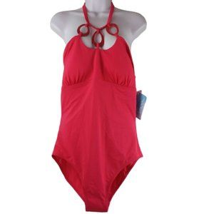 Contour NWT One-Piece Swimsuit Stretch Halter Top Plastic Hoop Accent Pink/Coral